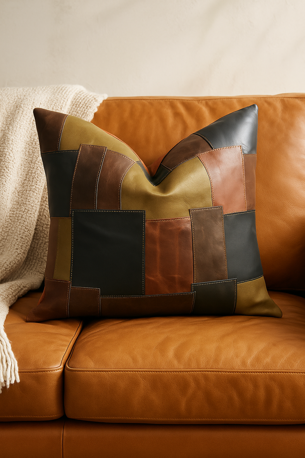 60x60cm patchwork leather cushion cover for sofa and living room