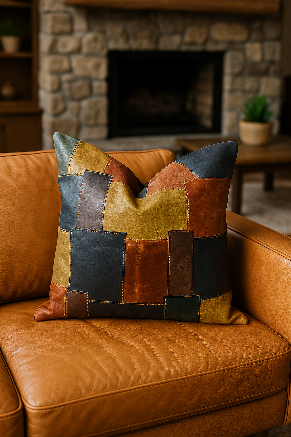 Life of Squares patchwork leather cushion cover 60x60cm