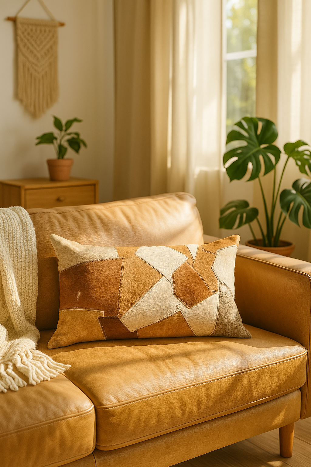 Handmade natural cowhide pillow cover with warm rustic style