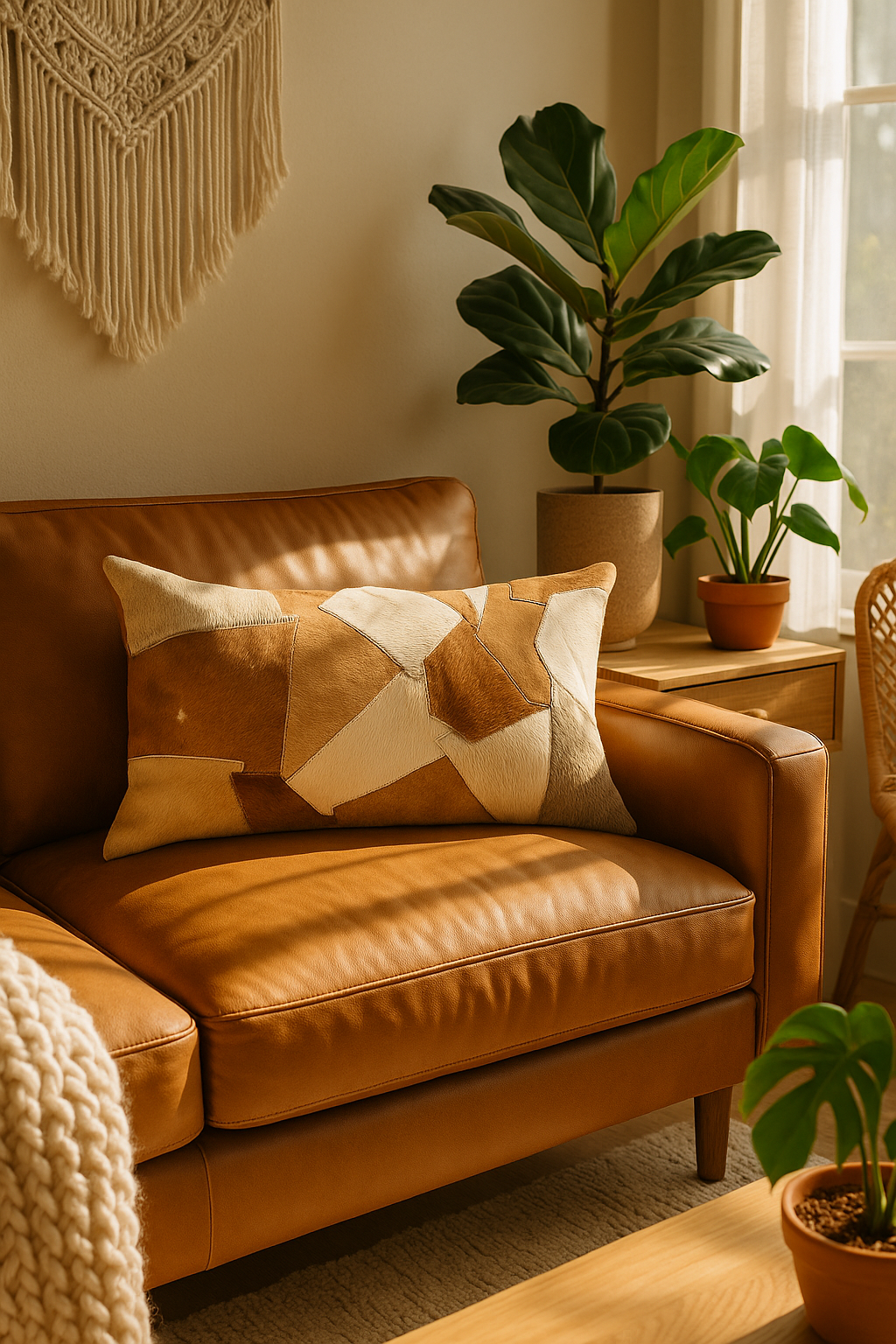 Rustic cowhide leather cushion cover in natural tan finish