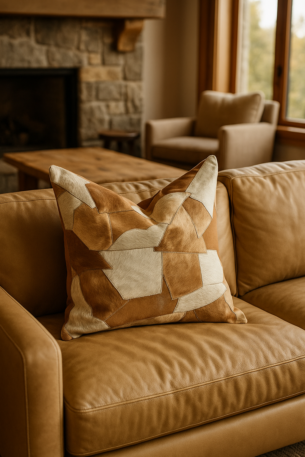 Handmade leather cowhide cushion cover with natural rustic texture