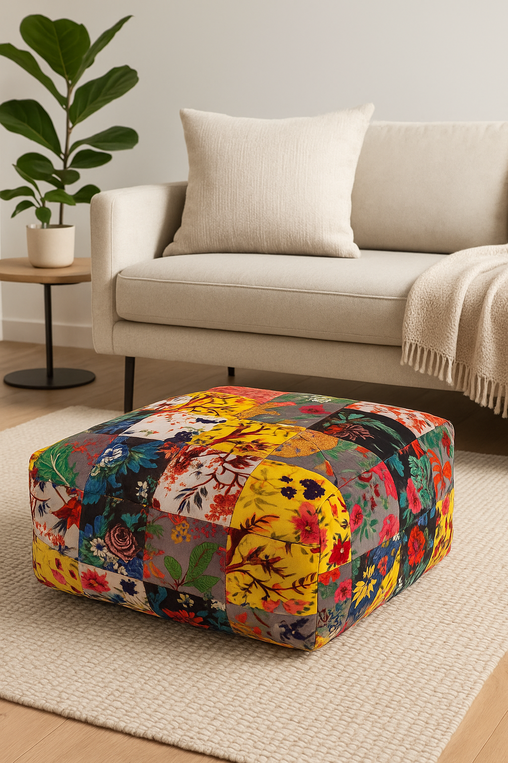 Square velvet patchwork ottoman pouf with bohemian floral design