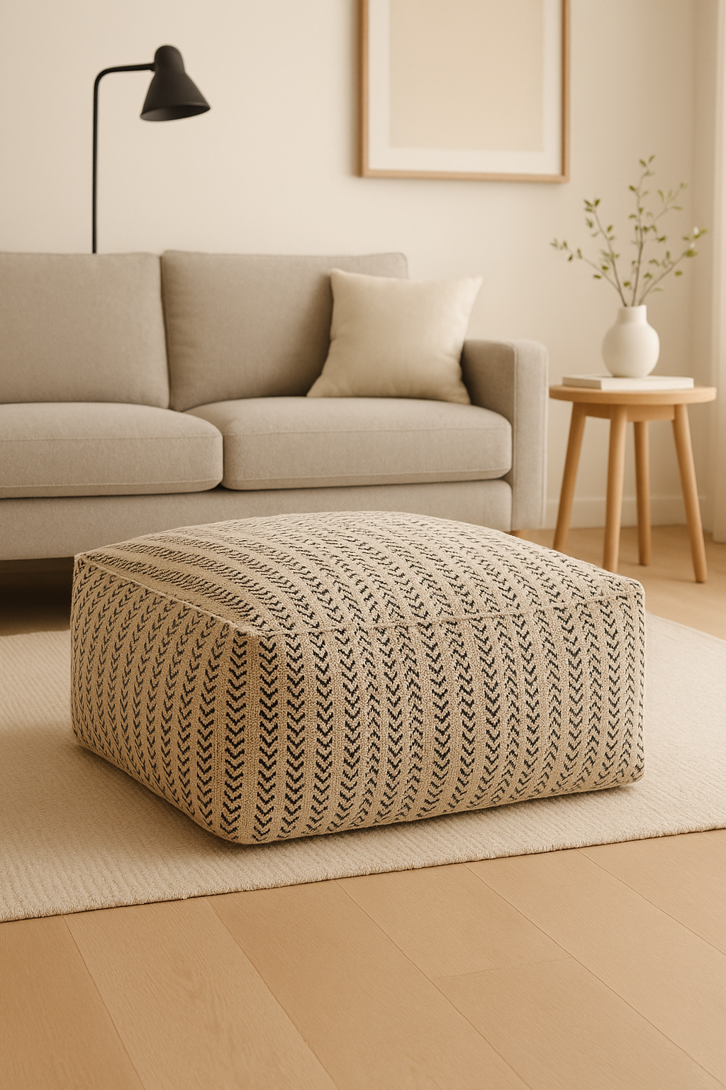 Handwoven cotton ottoman pouf cover with modern boho design