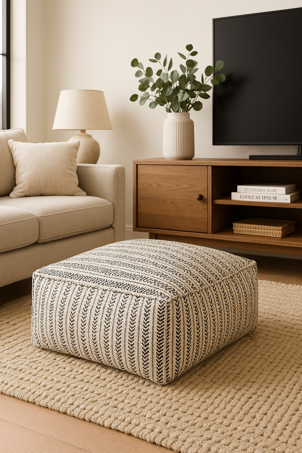 Handwoven cotton footstool cover with textured boho style