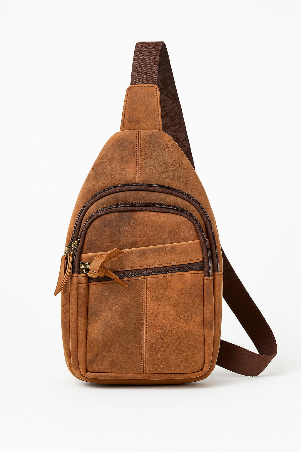 Compact leather crossbody chest bag in classic brown finish