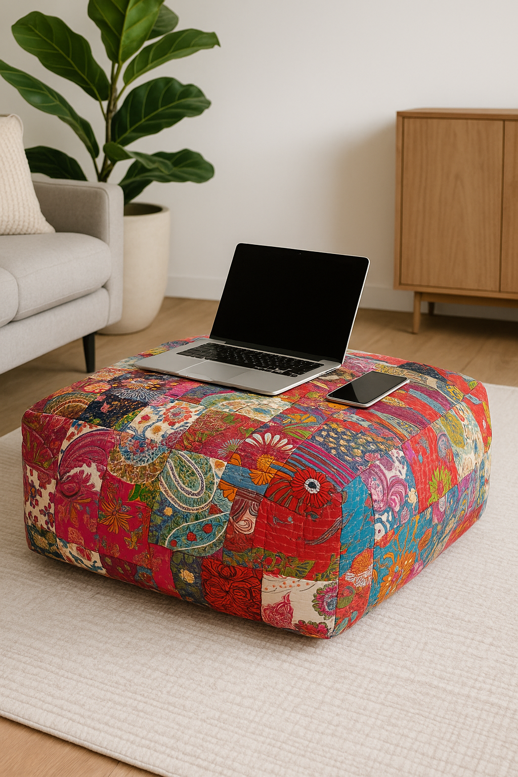 Handmade multicolour Kantha patchwork ottoman cushion cover