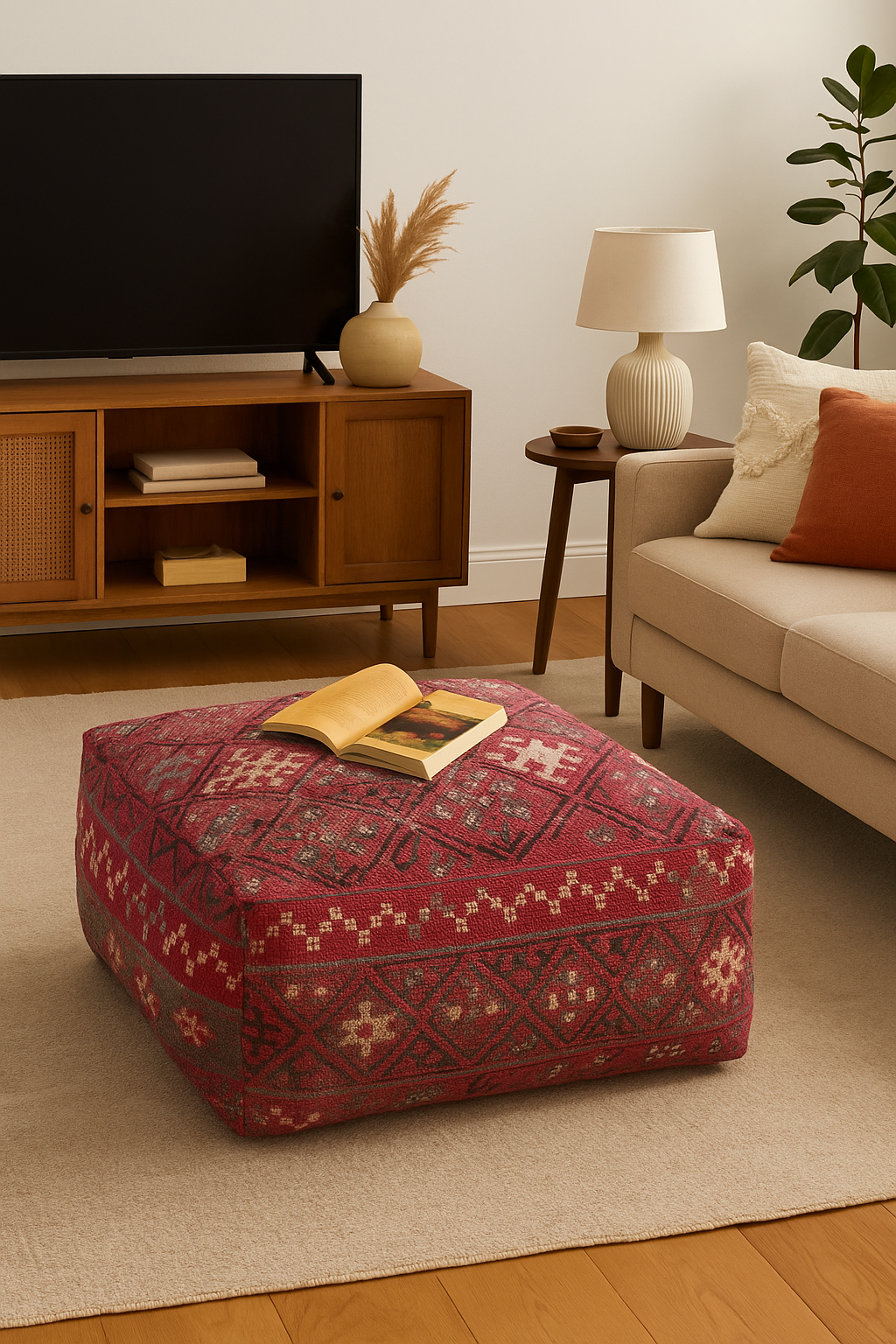 Moroccan red cotton kilim ottoman cushion cover 60x60x25cm