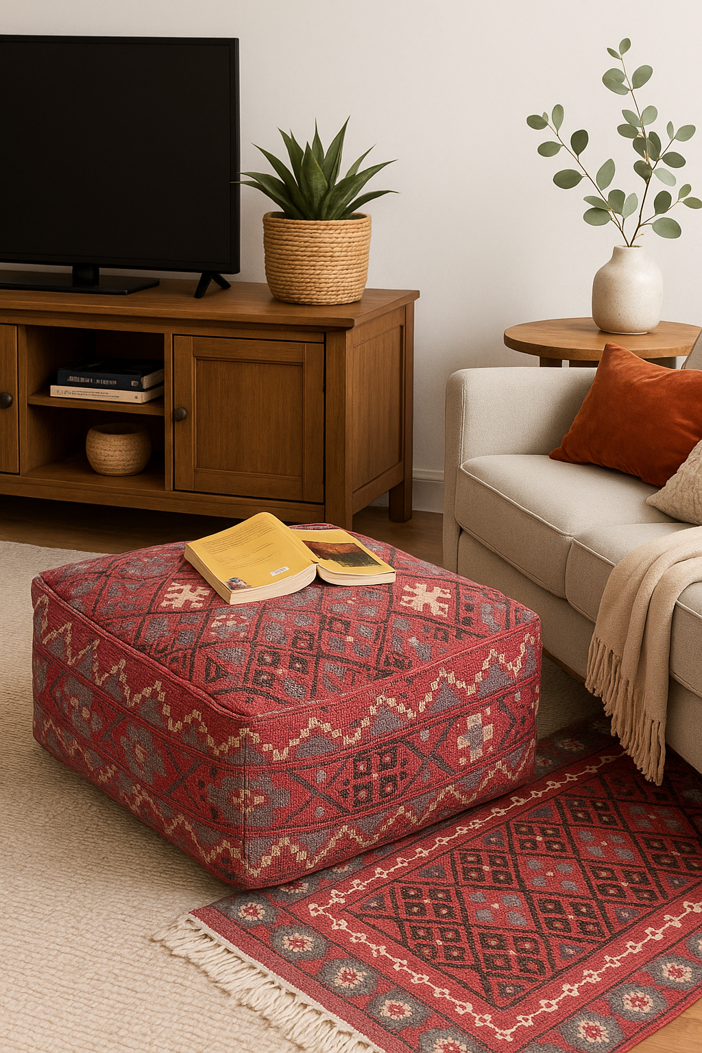 Textured red cotton kilim ottoman cushion cover 60x60x25cm