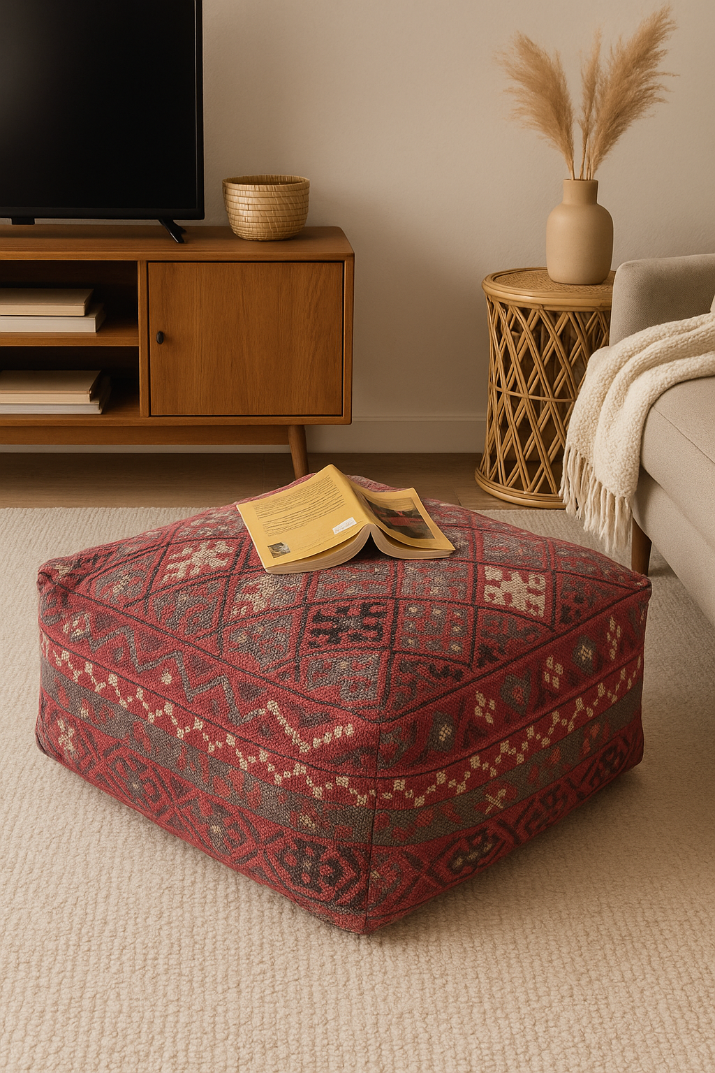 Red Moroccan kilim cotton cushion cover for ottoman and pouf