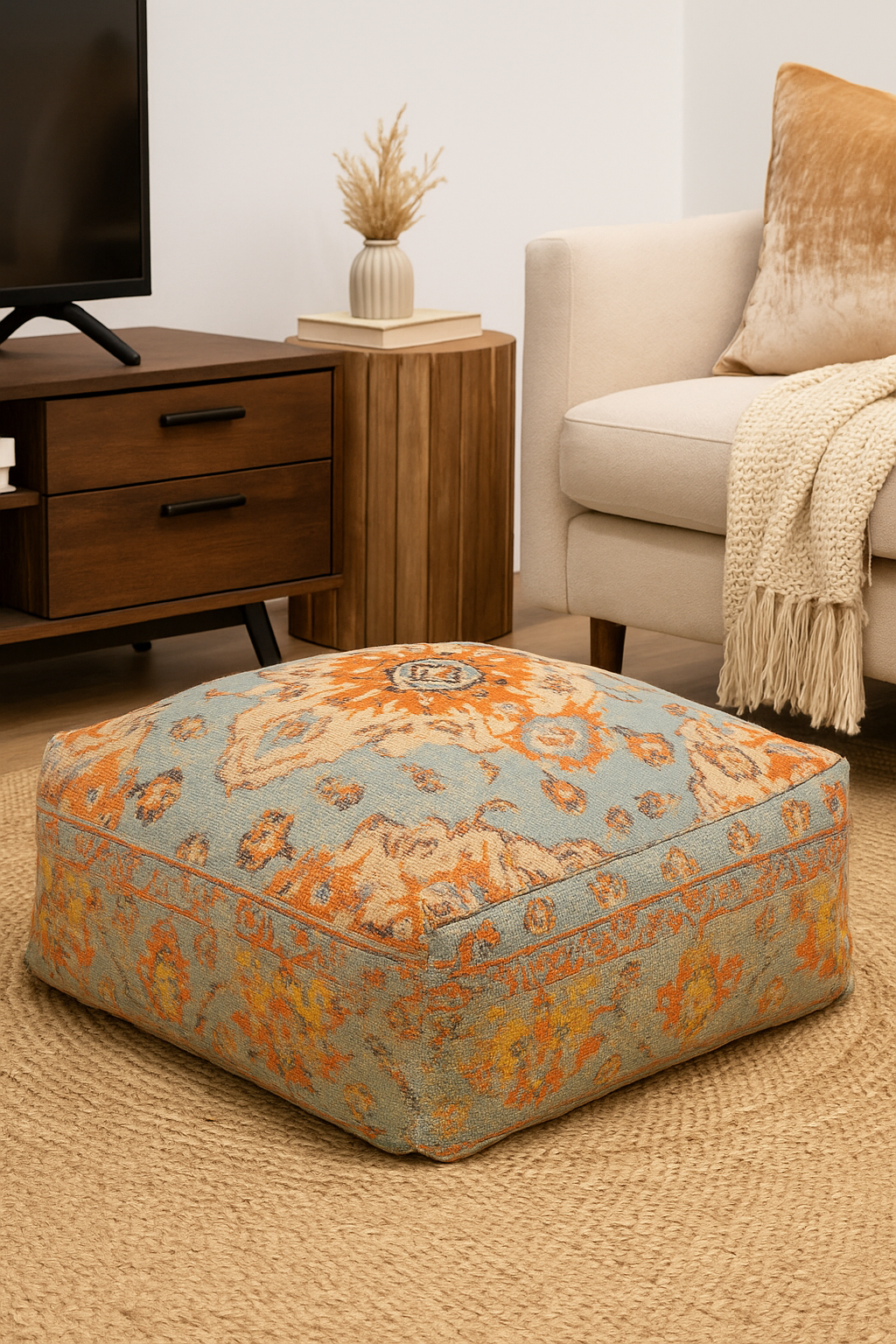 Cyan blue Moroccan cotton kilim ottoman cushion cover