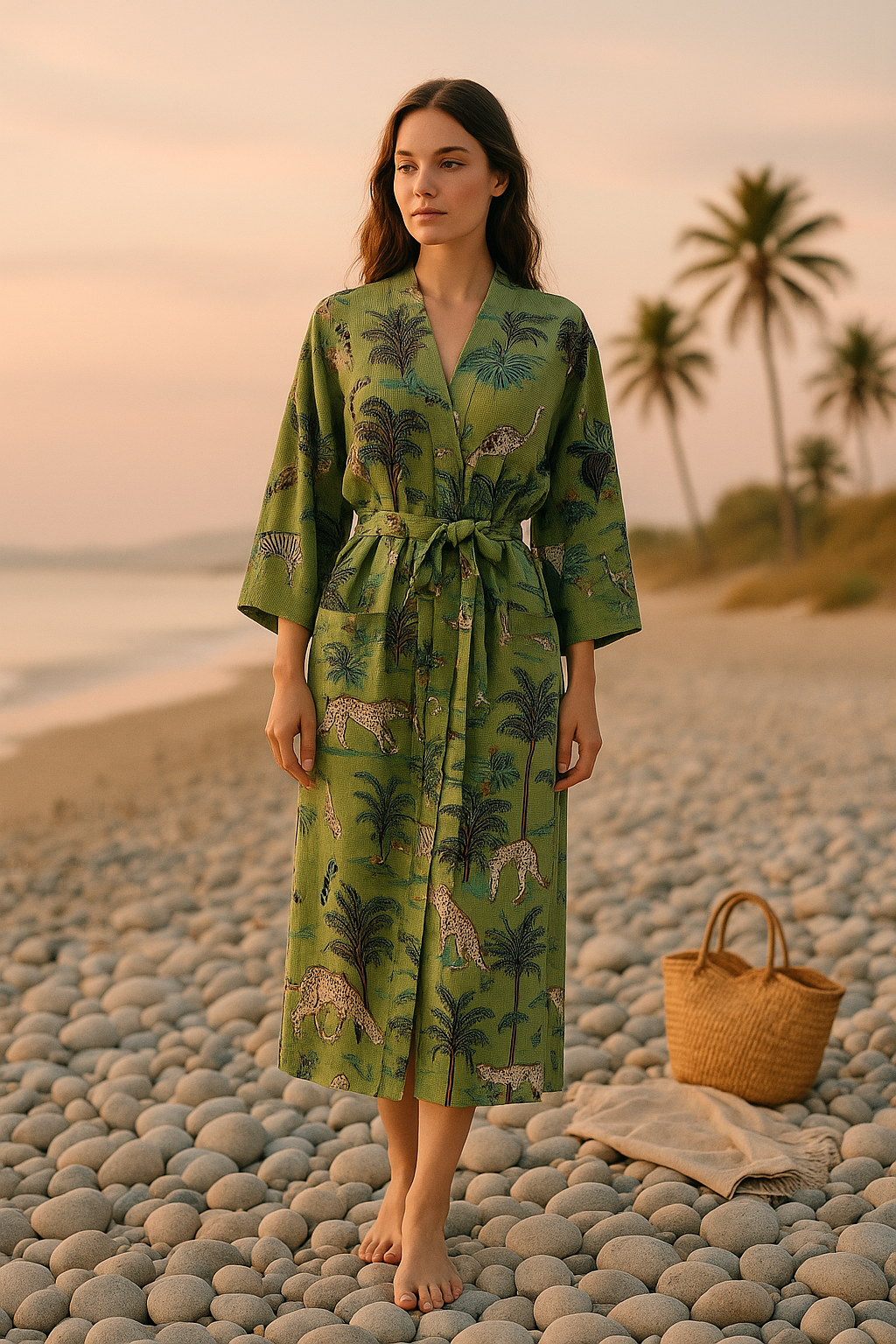 Breathable green waffle cotton robe for lounging travel and spa wear