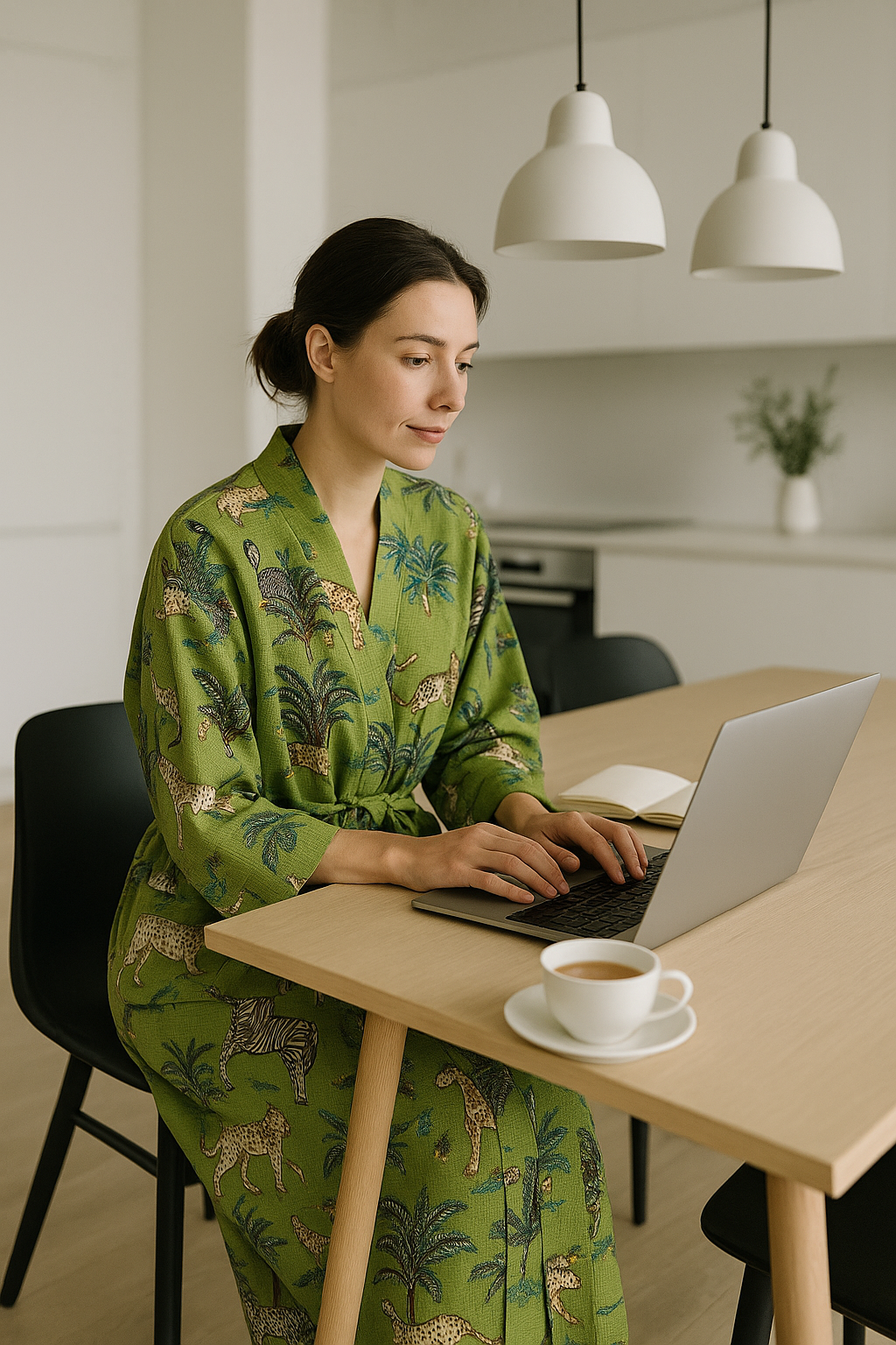 Lightweight green cotton waffle robe with relaxed kimono fit