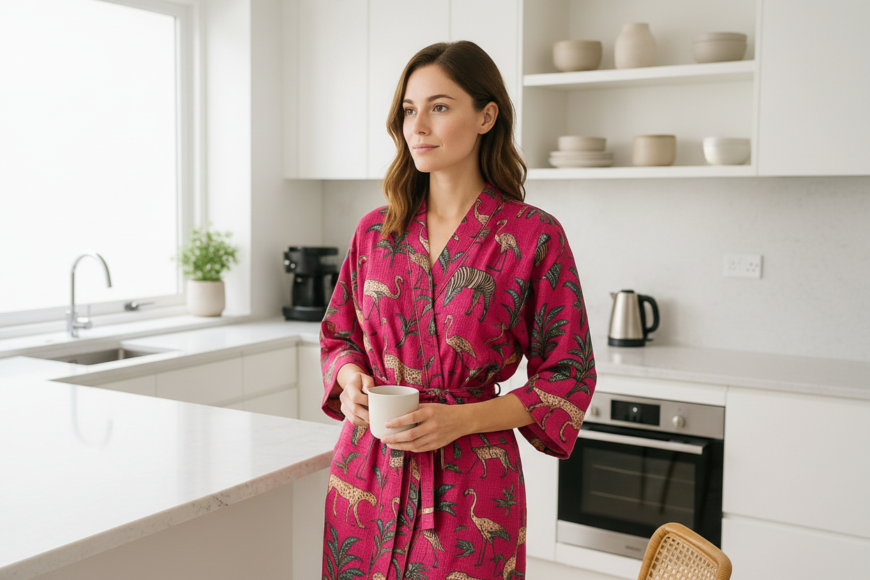Pink safari cotton waffle kimono robe for women