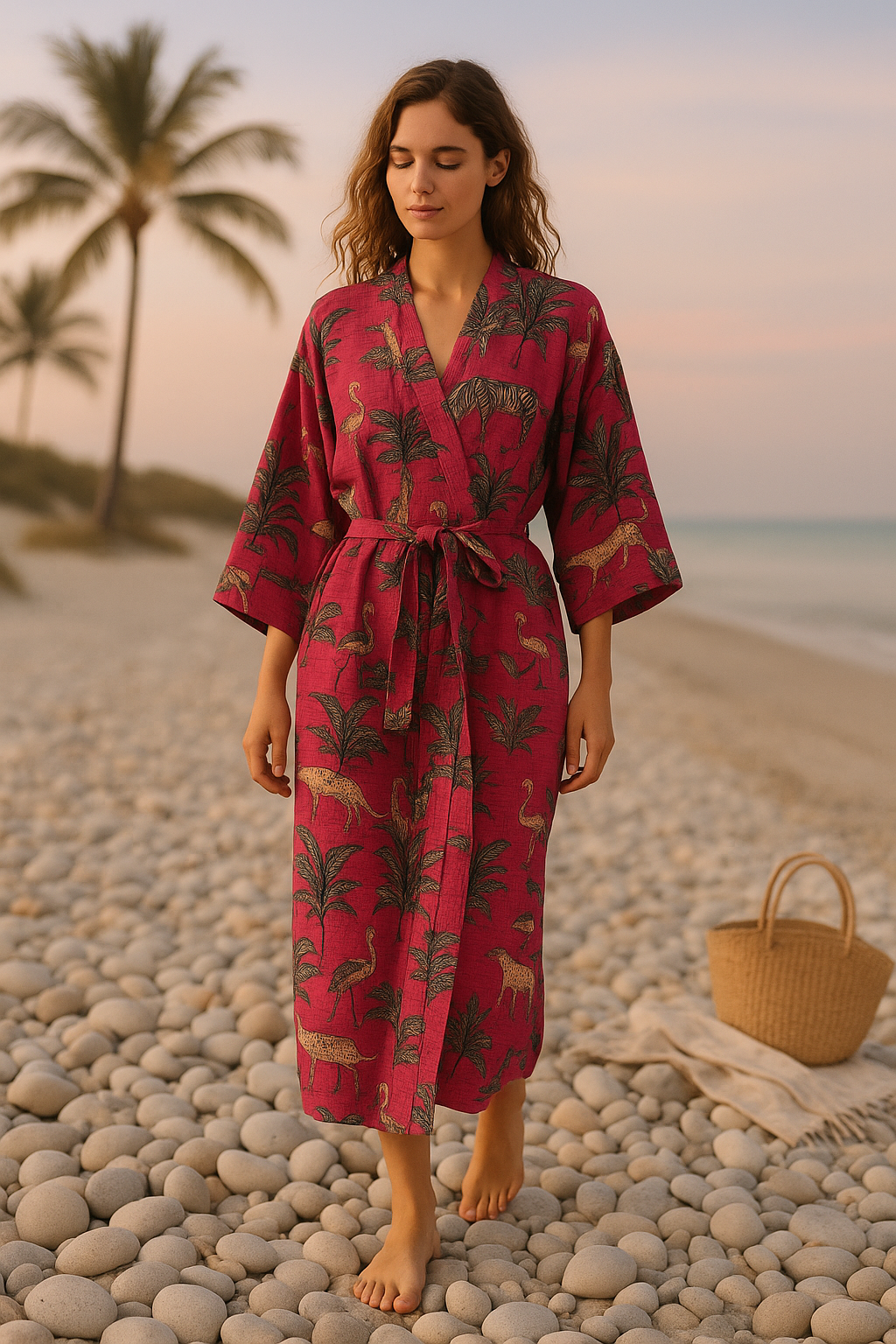 Lightweight women’s waffle robe in soft pink safari style