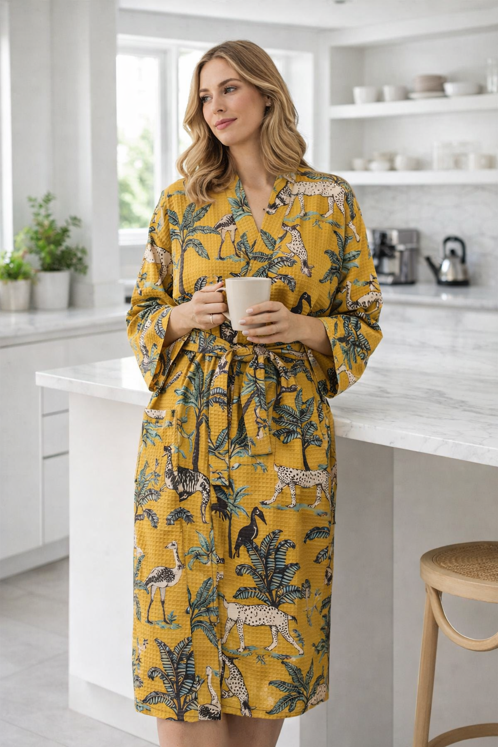 Mustard cotton waffle kimono robe with safari inspired design