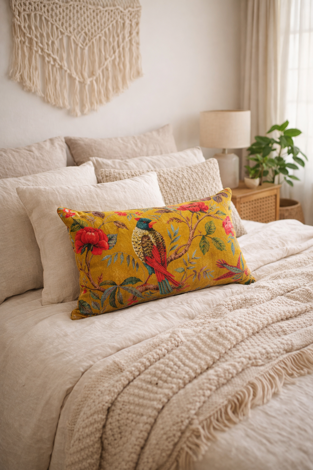 30x50cm cotton velvet cushion cover with mustard bird artwork
