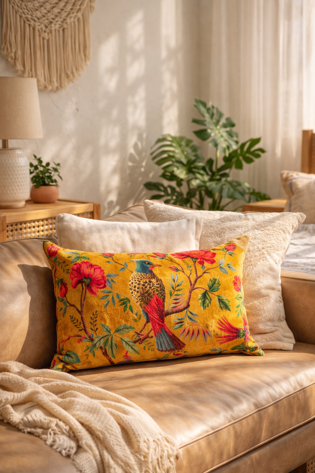 Mustard cotton velvet lumbar cushion cover for sofa chair and bench