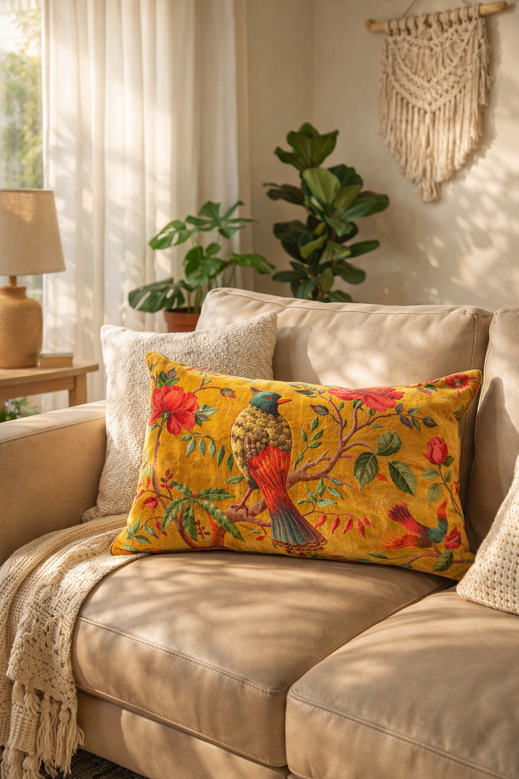Nature inspired bird print velvet pillow cover in mustard yellow