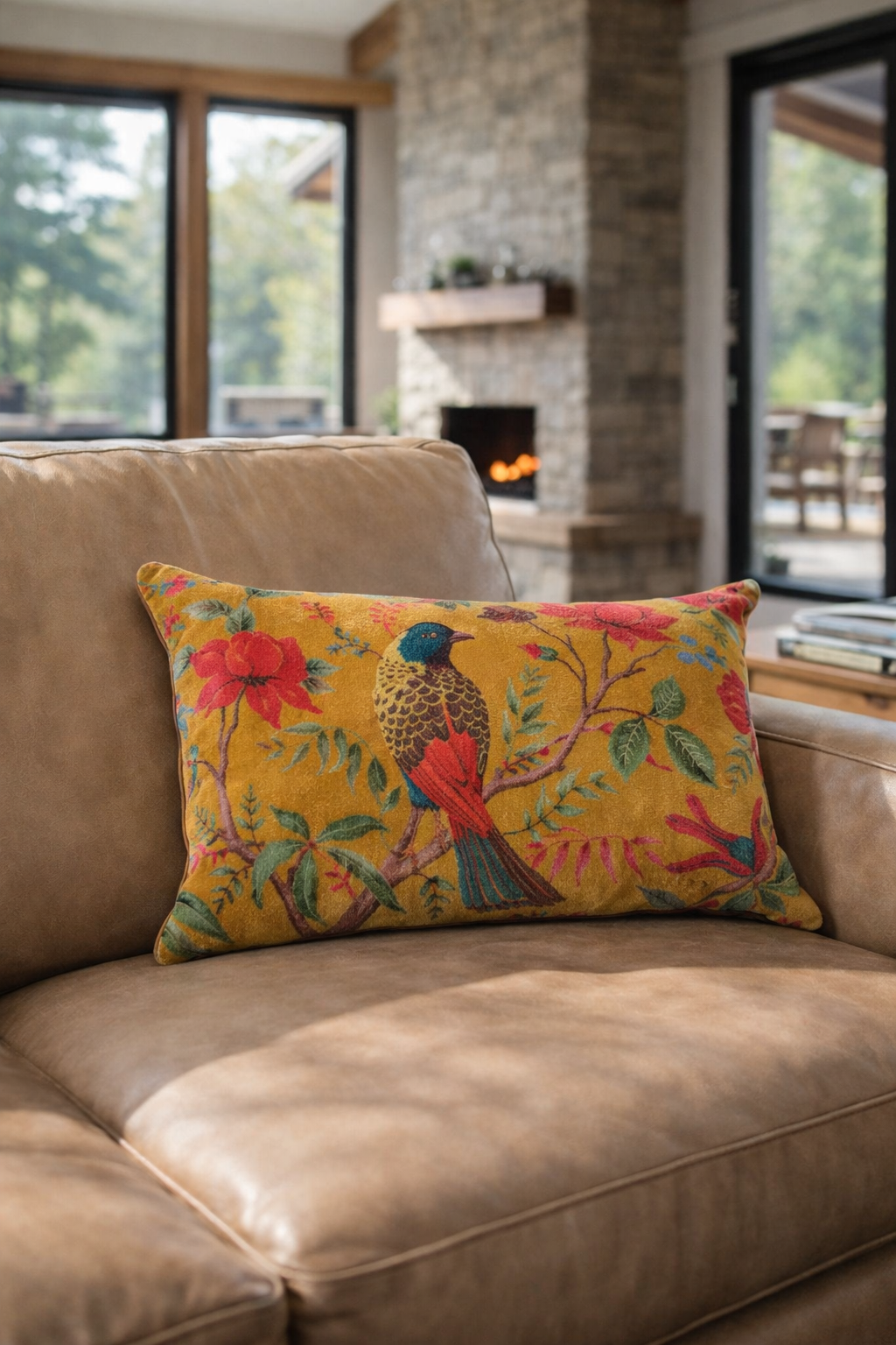 Decorative bird motif cushion cover in mustard cotton velvet