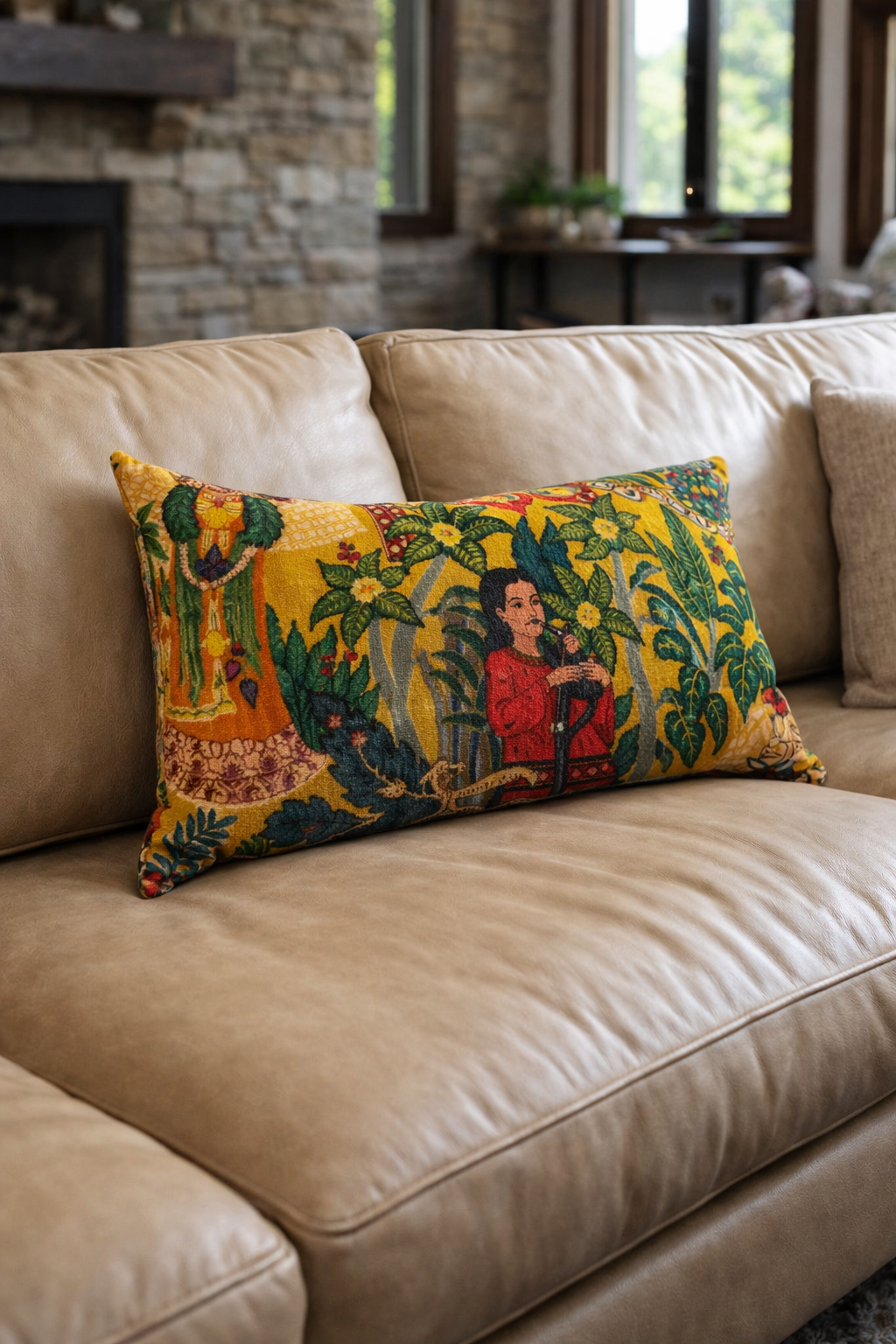 Frida inspired tropical velvet lumbar pillow cover in mustard yellow