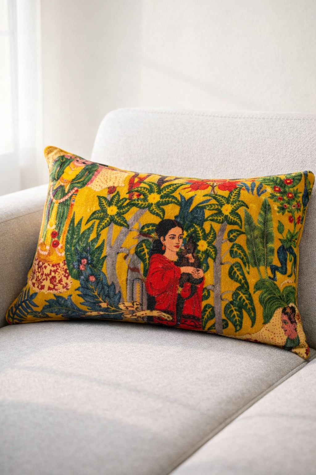 Tropical Frida mustard cotton velvet lumbar cushion cover 30x50cm
