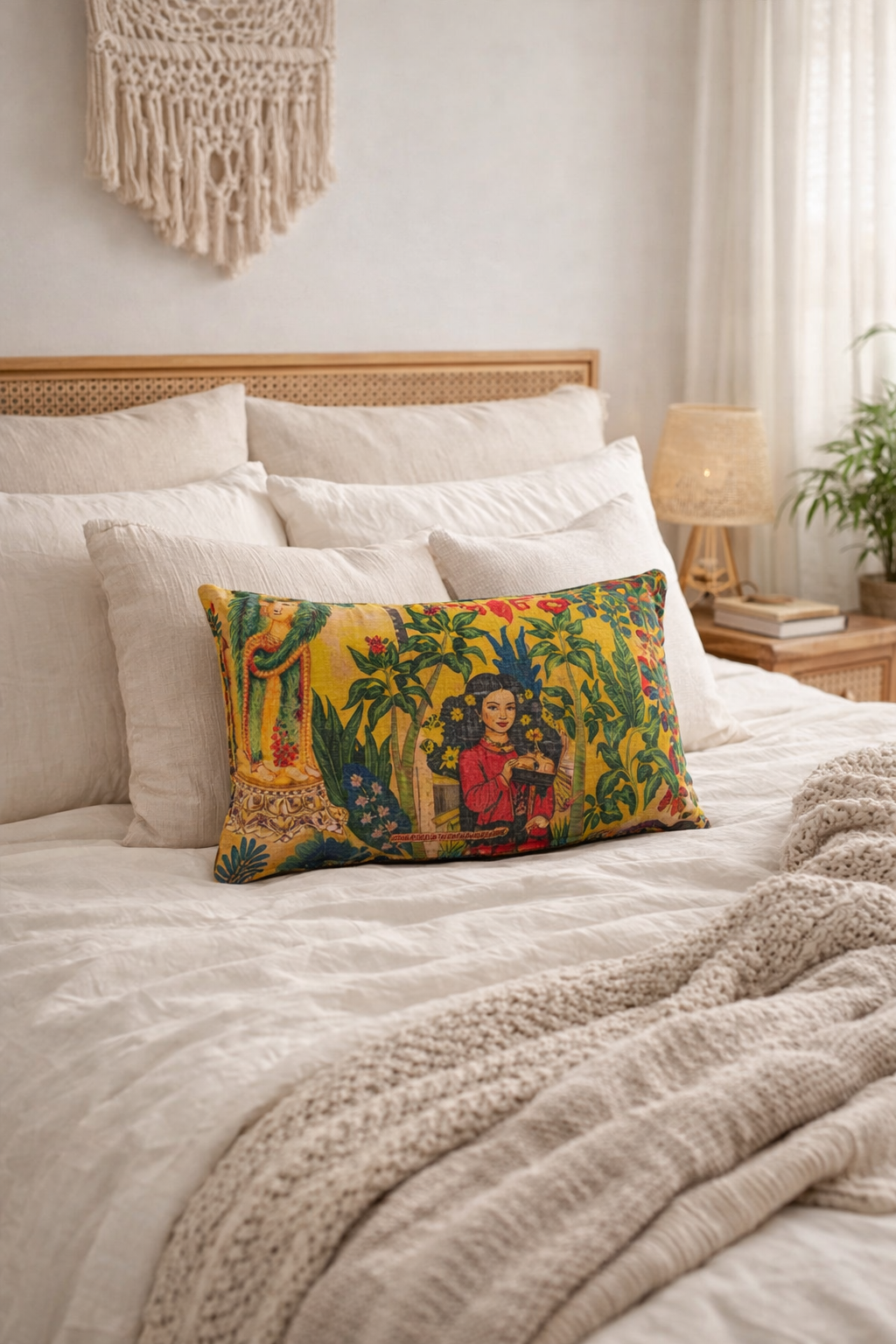 Mustard velvet pillow cover with tropical Frida inspired artwork