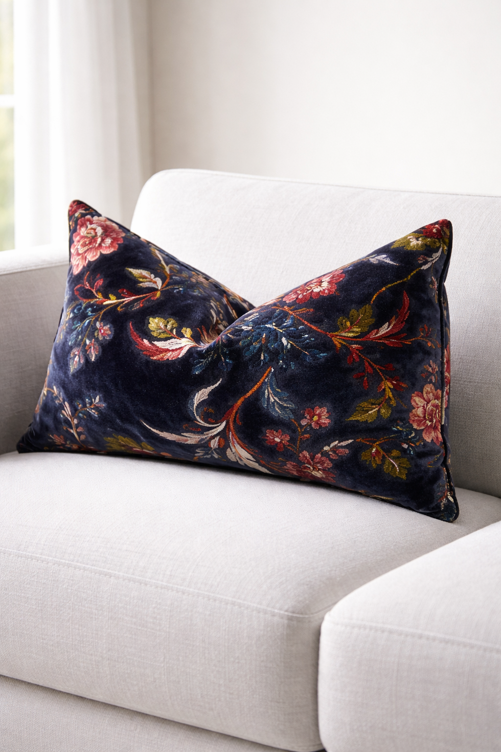 Navy floral cotton velvet lumbar cushion cover 30x50cm