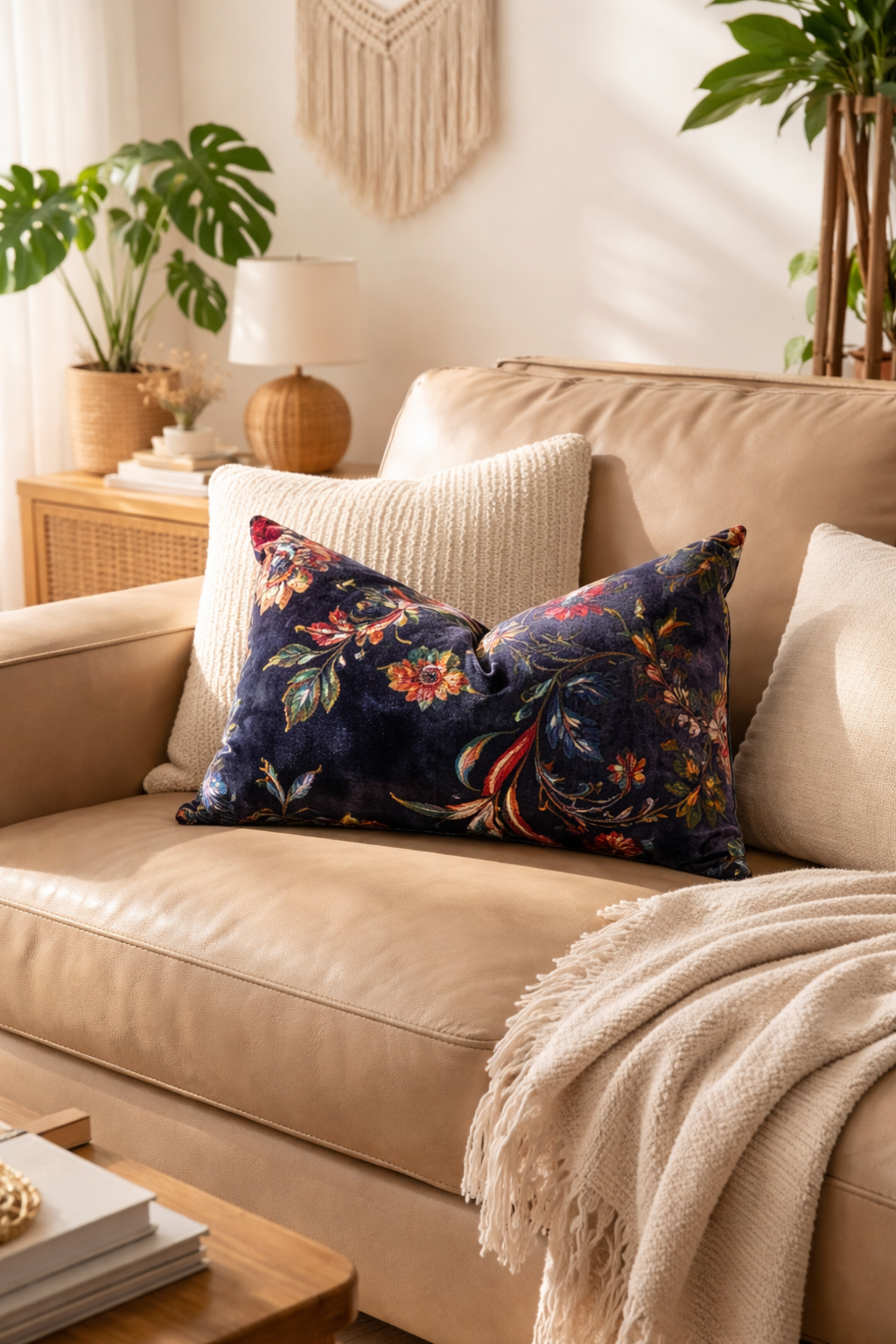 Decorative navy cotton velvet cushion cover with botanical pattern