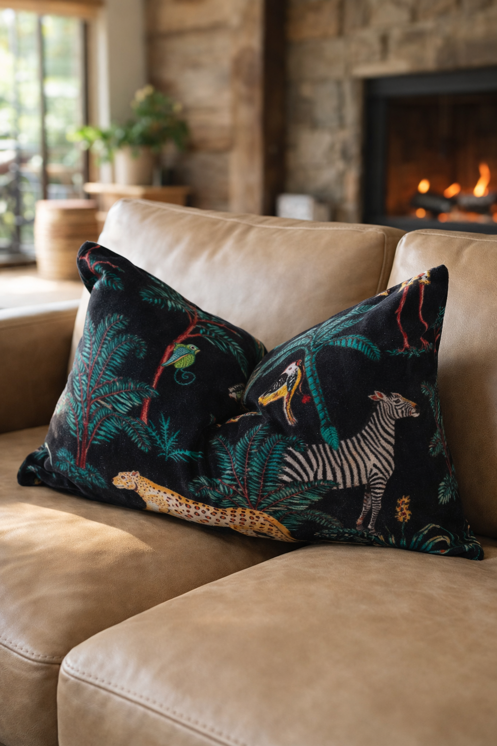 Wildlife jungle print velvet lumbar pillow cover for sofa and bed