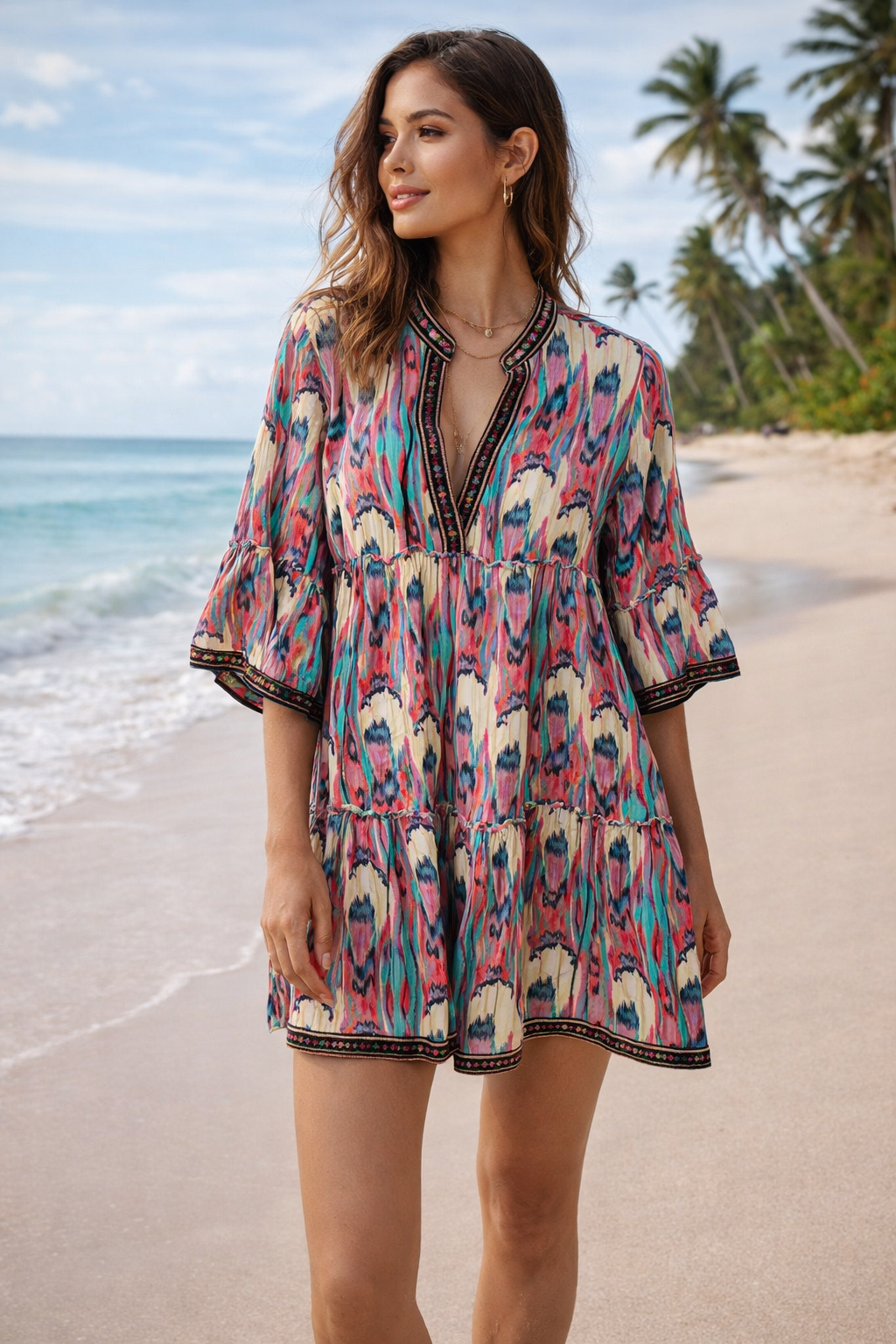 Sunset Mirage boho Ikat cotton mini dress in vibrant jewel tones