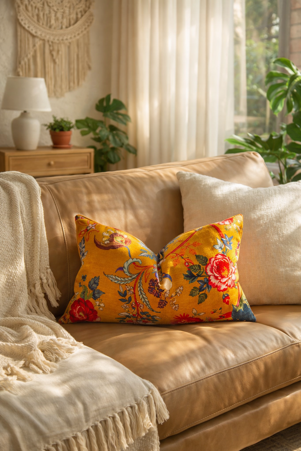 Mustard floral cotton velvet lumbar cushion cover with Tree of Life design