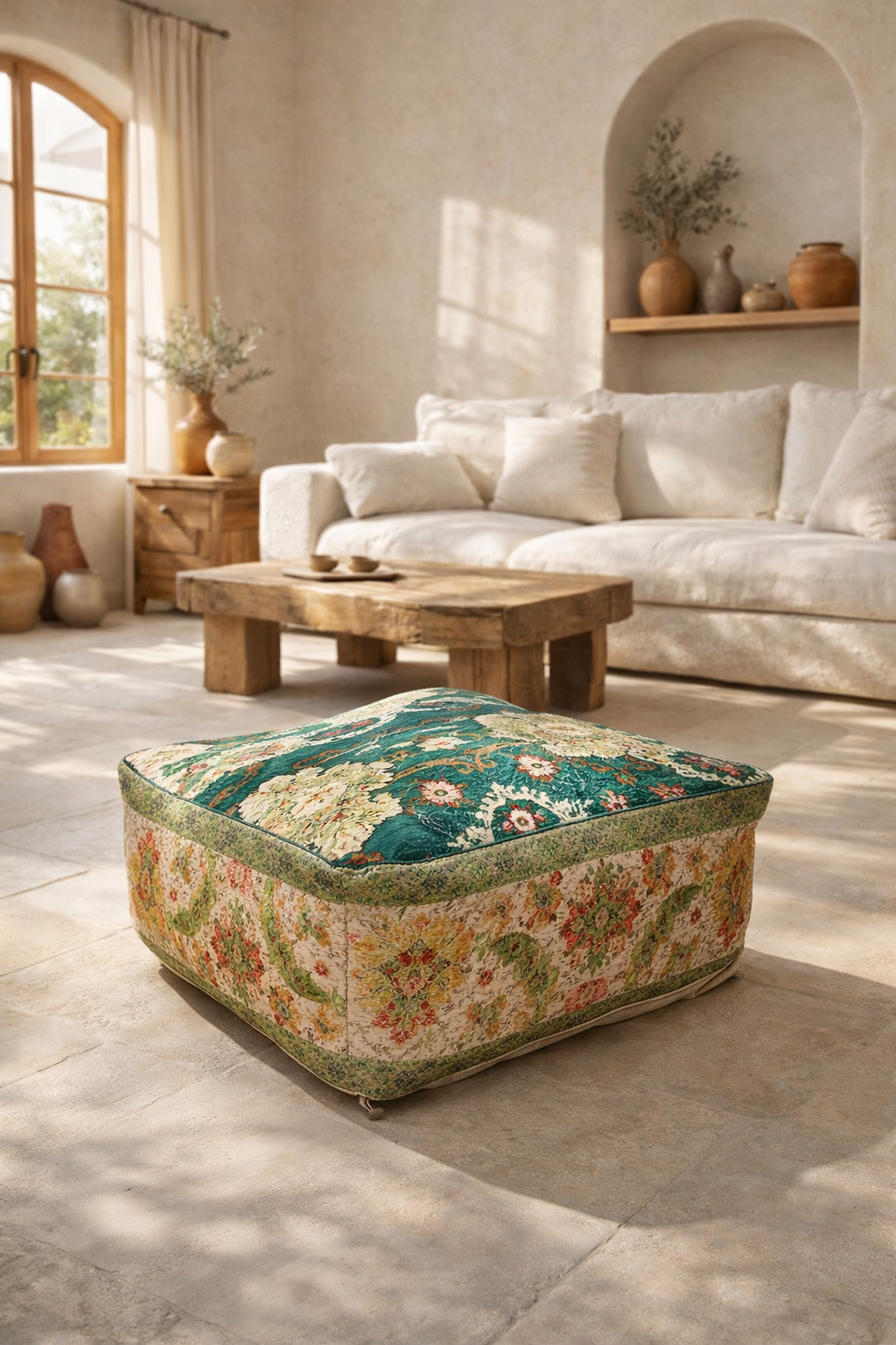 Boho kilim floor cushion cover with woven cotton pattern