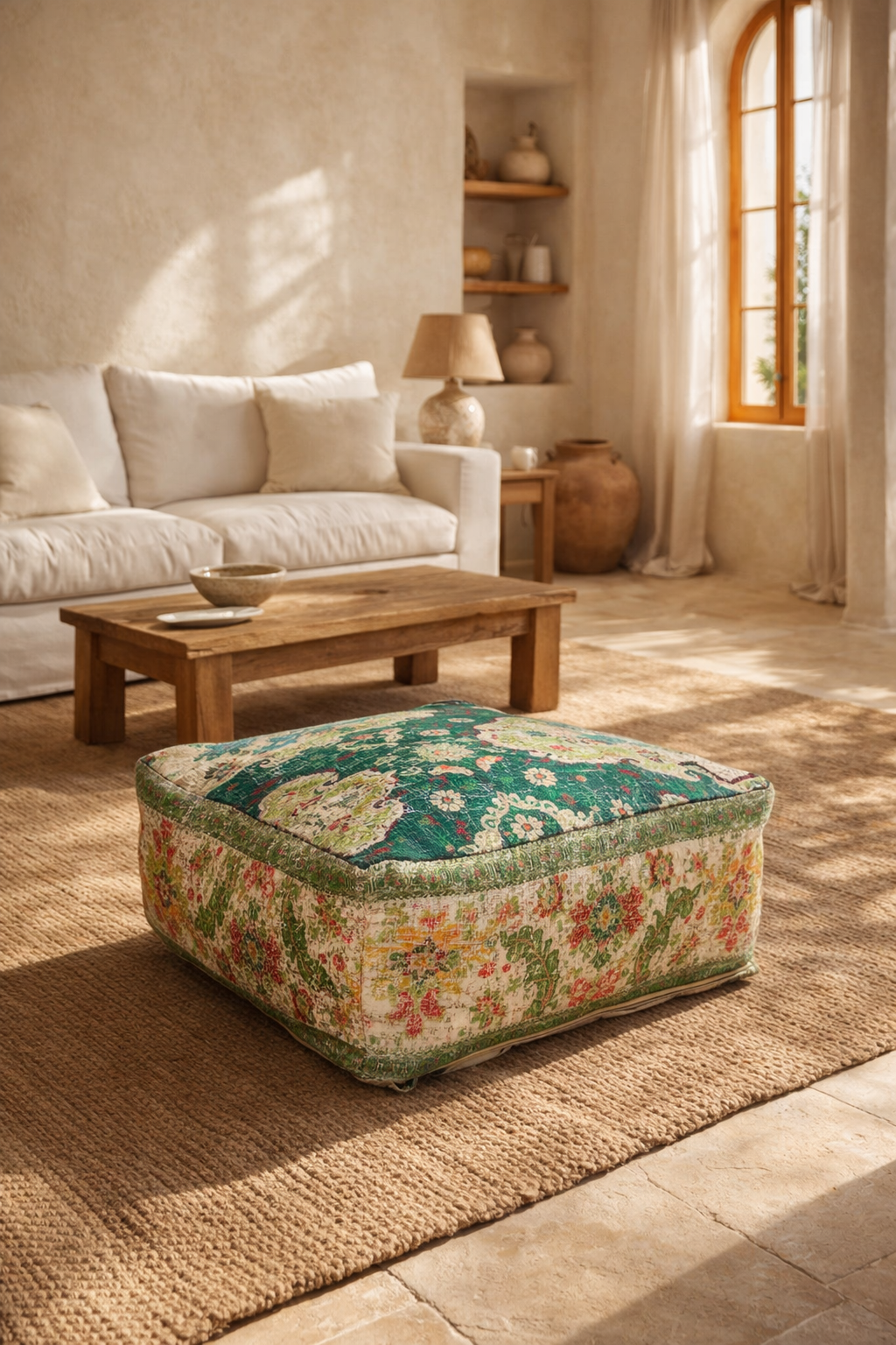 Cotton kilim ottoman cover for floor cushion and relaxed seating