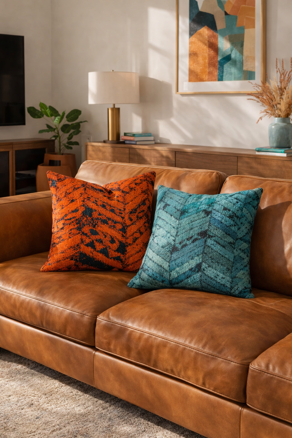 40x40cm cowhide pillow covers with teal rust chevron pattern
