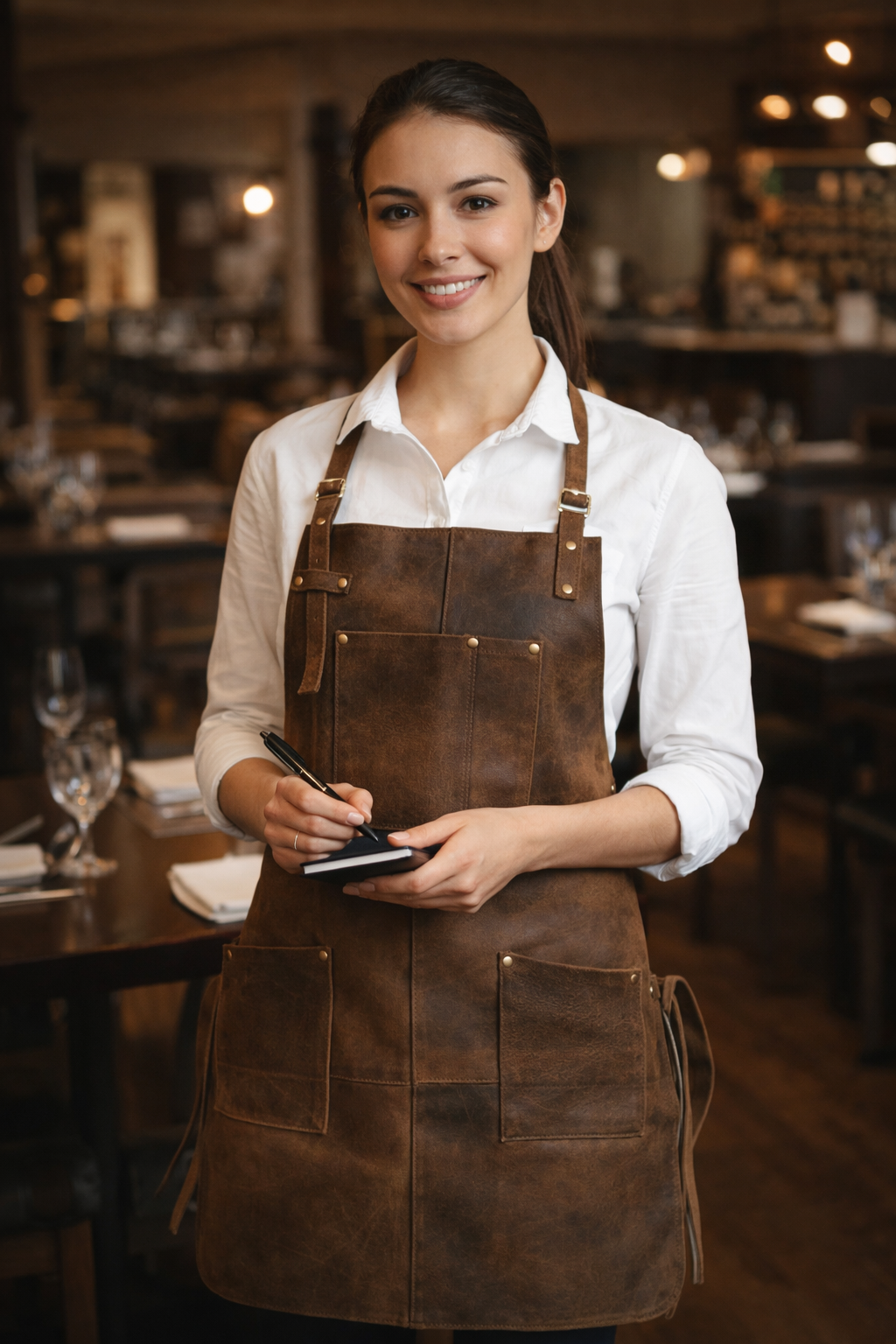 Vintage brown leather apron front view with pockets