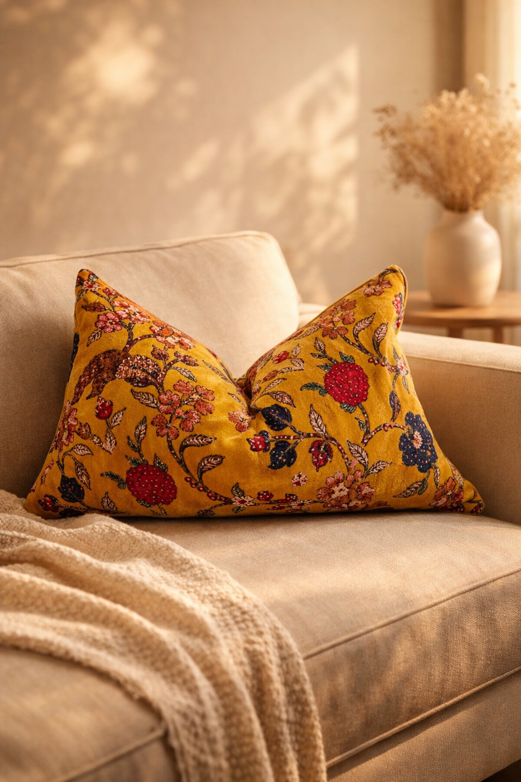 Mustard vintage floral velvet lumbar cushion cover