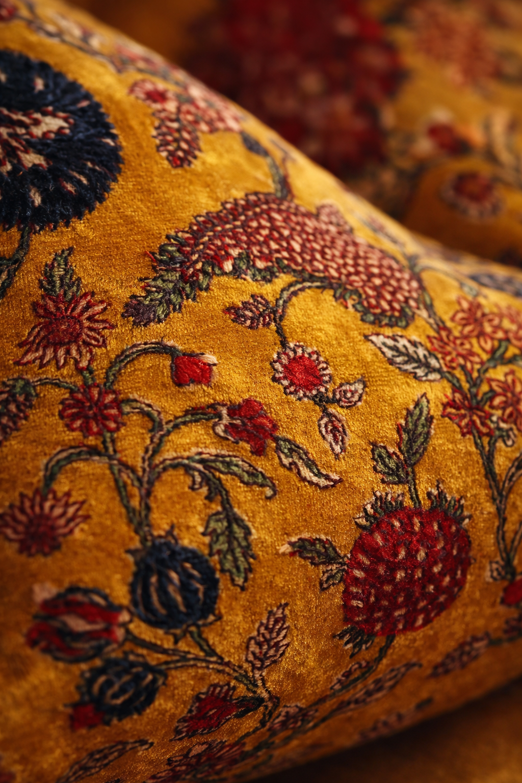 Premium mustard velvet lumbar cushion with vintage botanical design