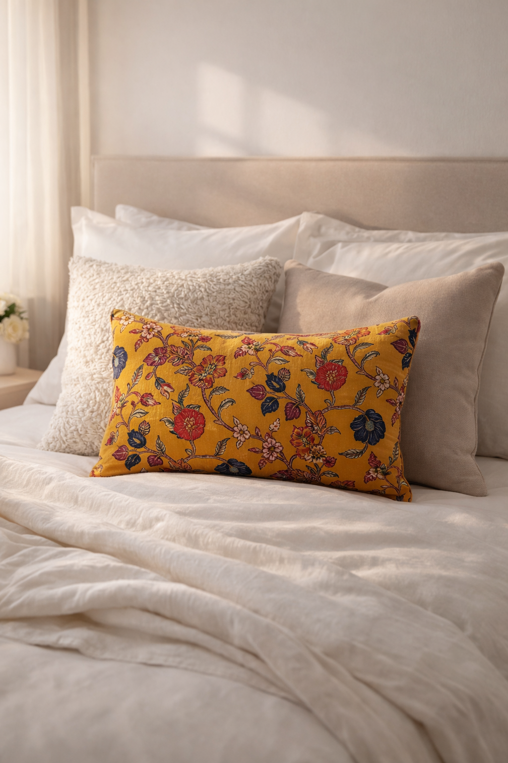 Mustard floral velvet cushion cover for sofa and home decor