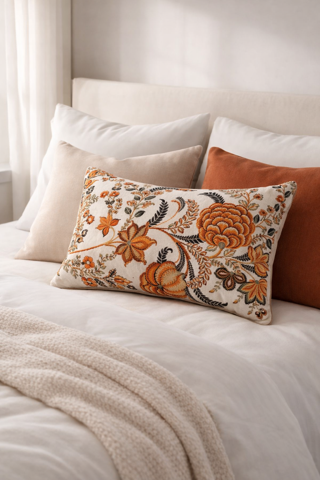 Premium rust floral velvet cushion cover with elegant botanical pattern