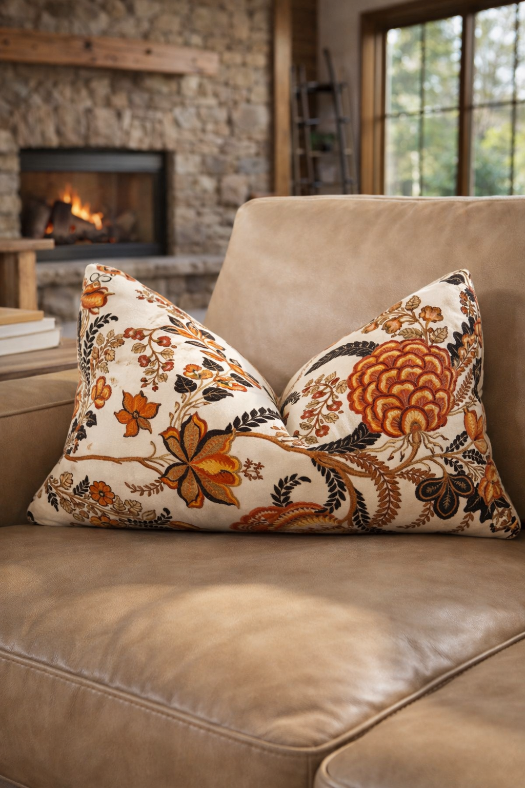 Rust velvet cushion cover with vintage botanical floral design