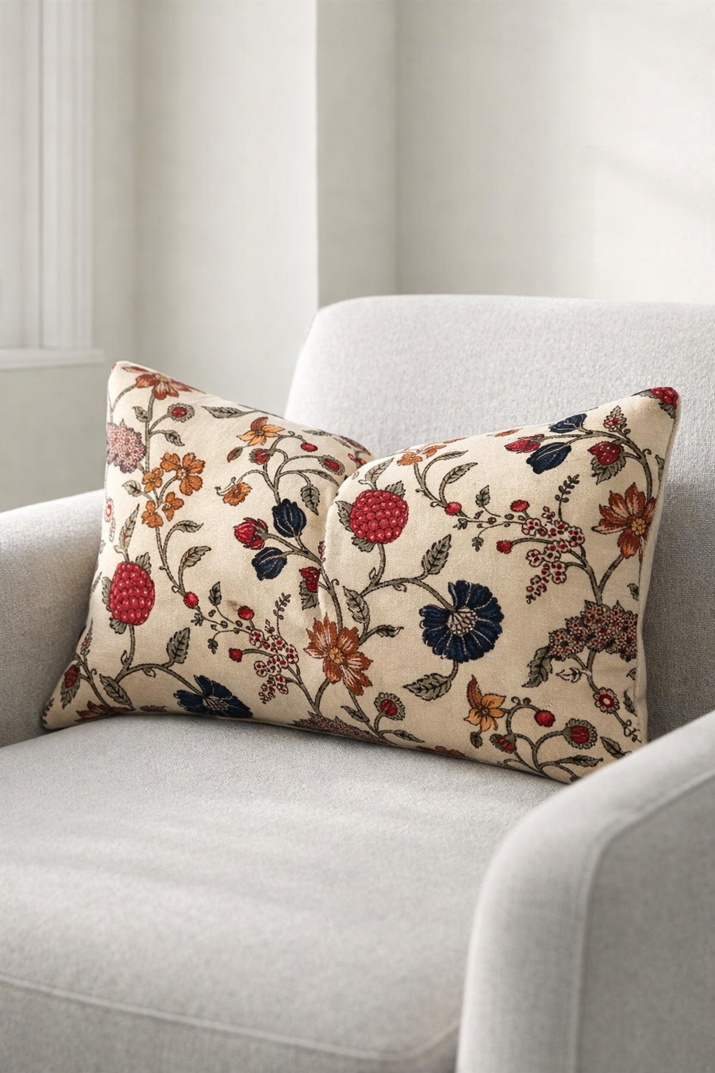 Beige velvet cushion cover with elegant vintage floral design