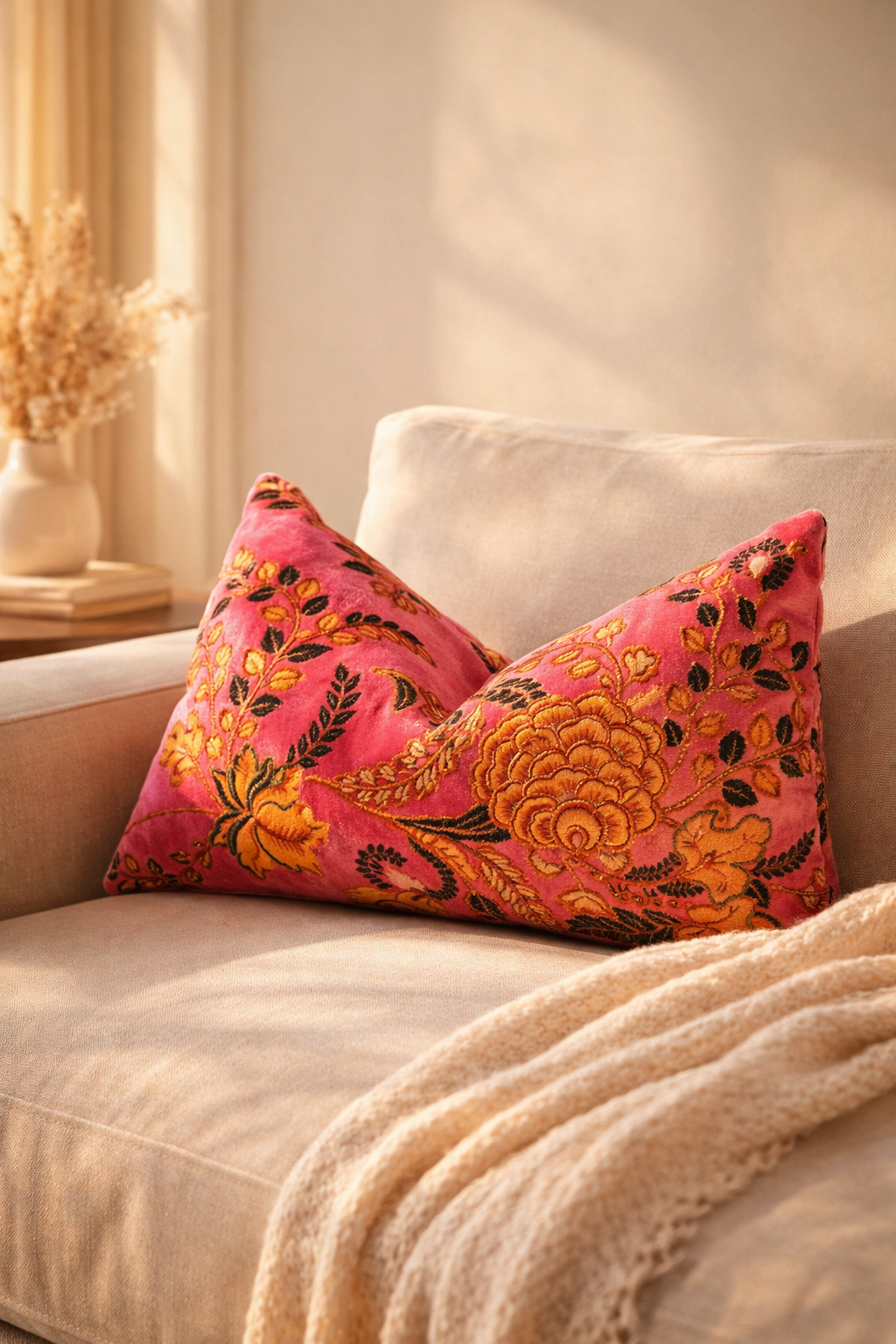 Pink velvet cushion cover with elegant vintage floral pattern