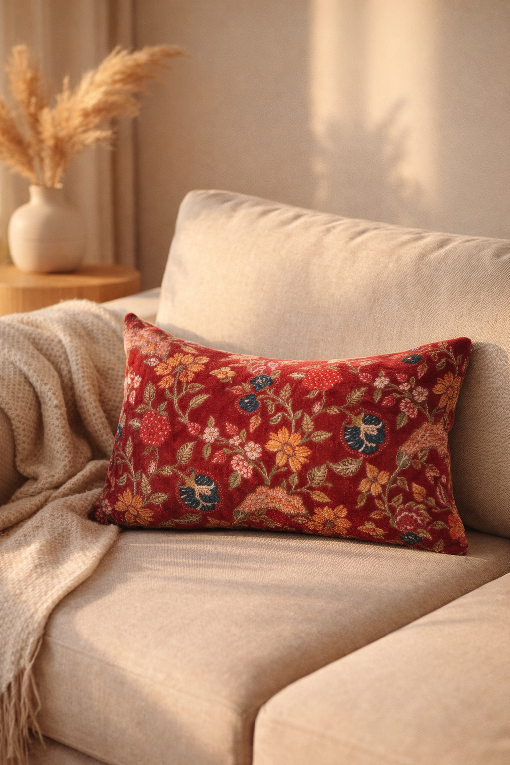Premium crimson velvet cushion cover for sofa and home decor