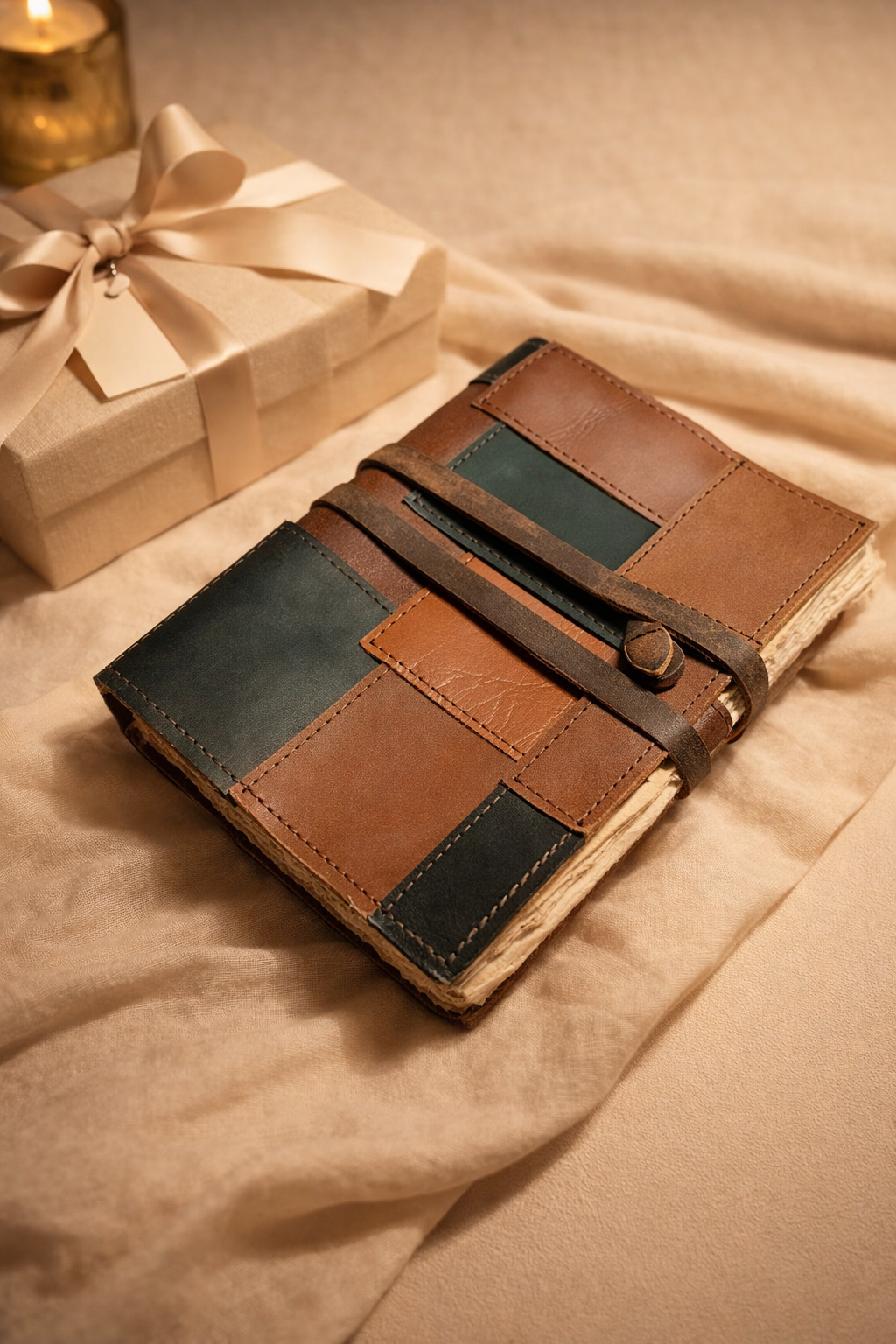 Brown leather journal with wrap tie closure and rustic handmade pages