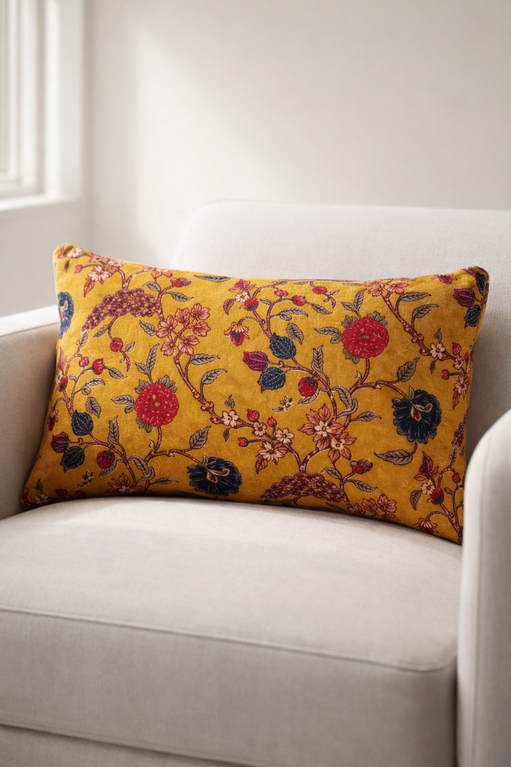Mustard velvet cushion cover with elegant vintage floral pattern