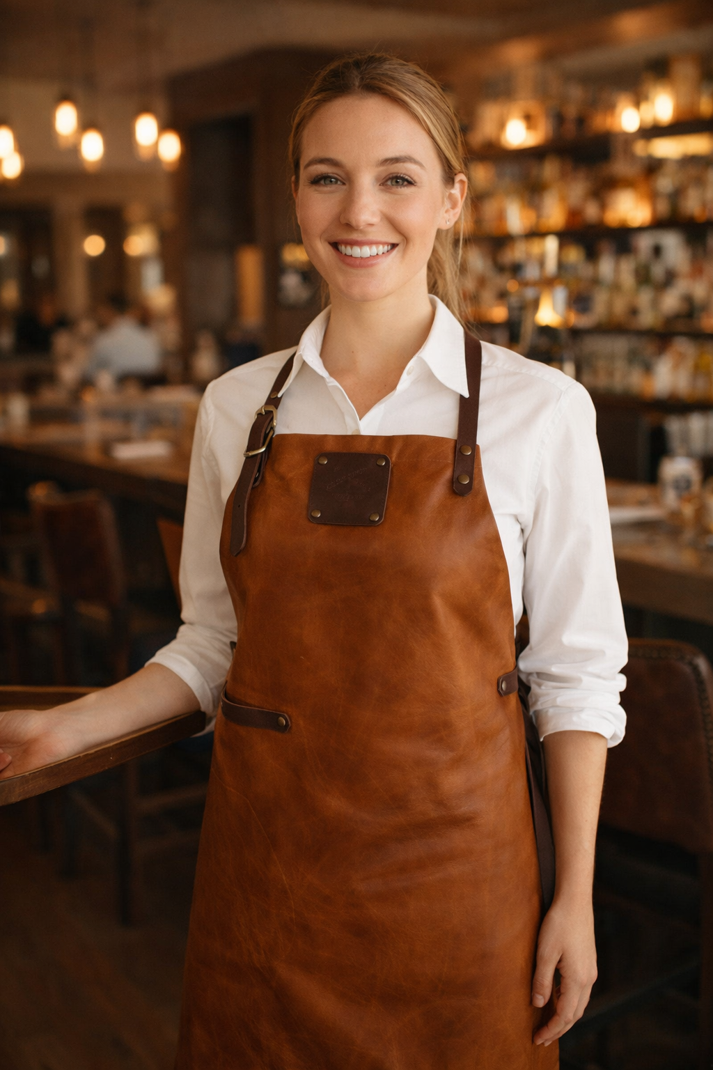 Brown leather work apron with vintage saddle leather finish