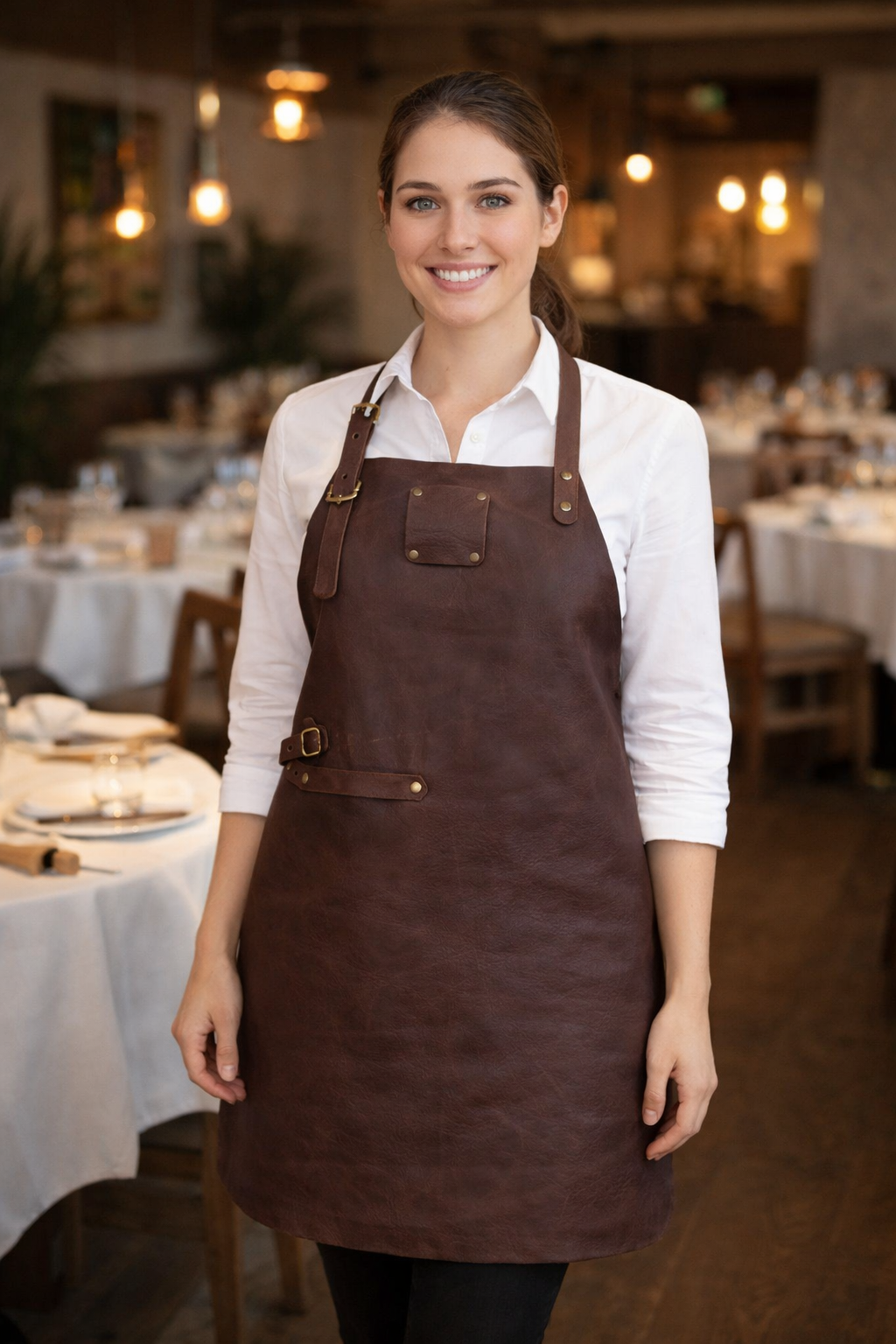 Espresso brown leather work apron with premium signature design