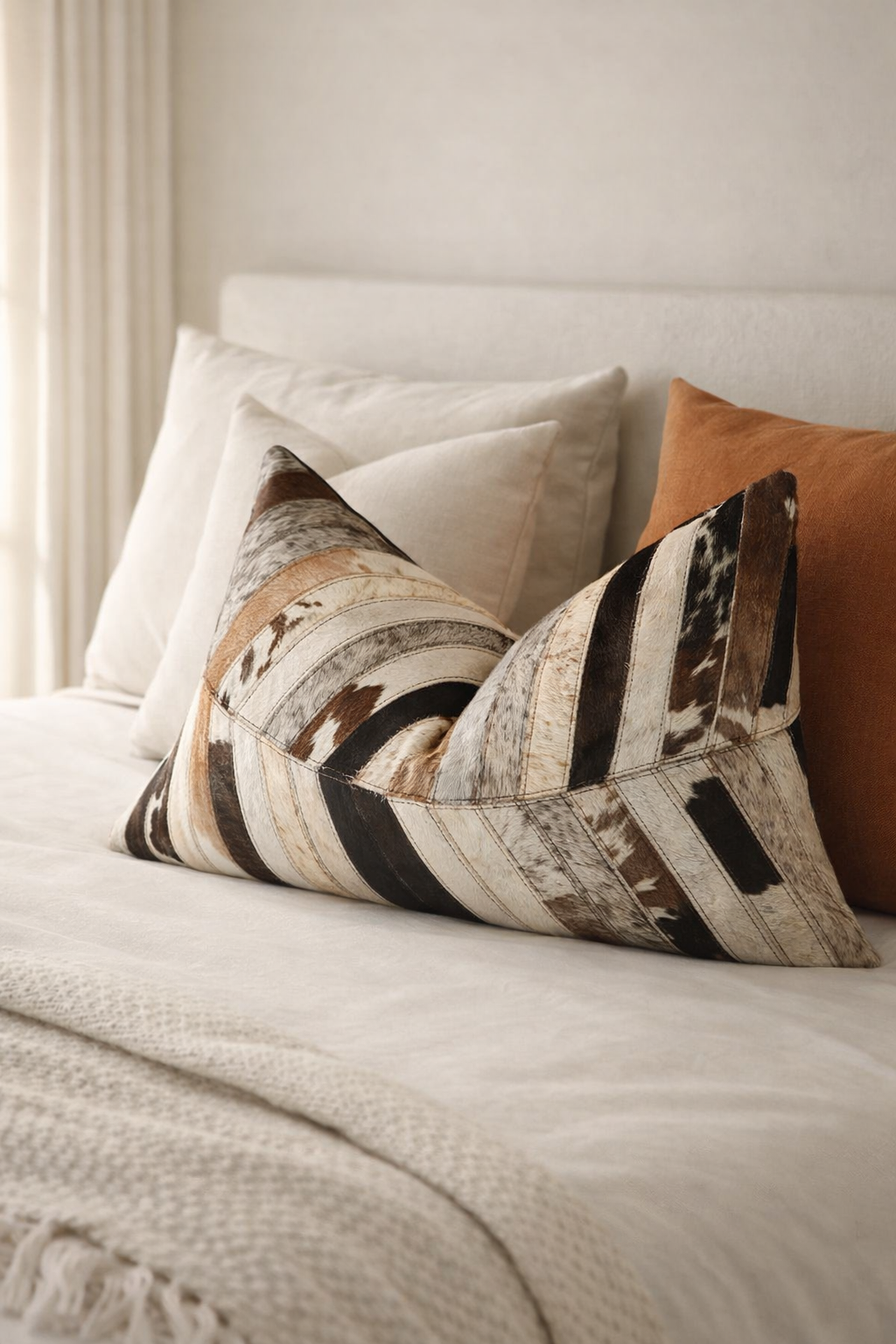 Rustic luxury cowhide leather lumbar cushion for sofa and bedroom