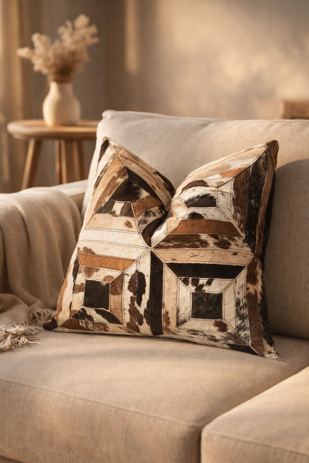 Square 45x45cm cowhide cushion for modern rustic interiors