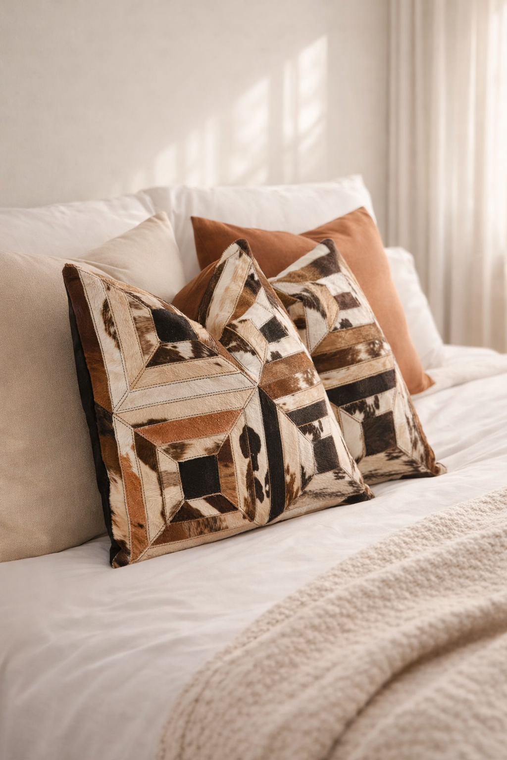 Handcrafted cowhide cushion with natural hide pattern